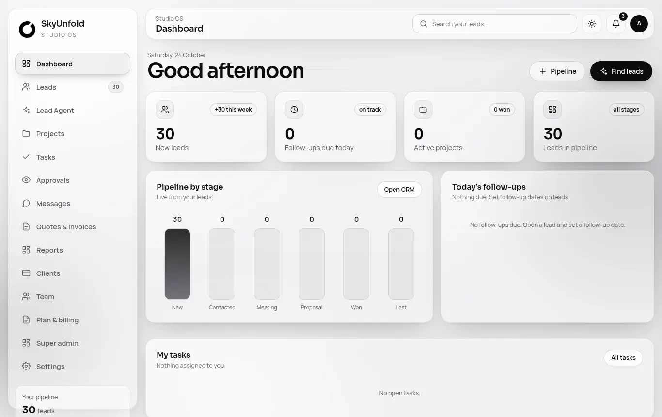 SkyUnfold Studio OS dashboard