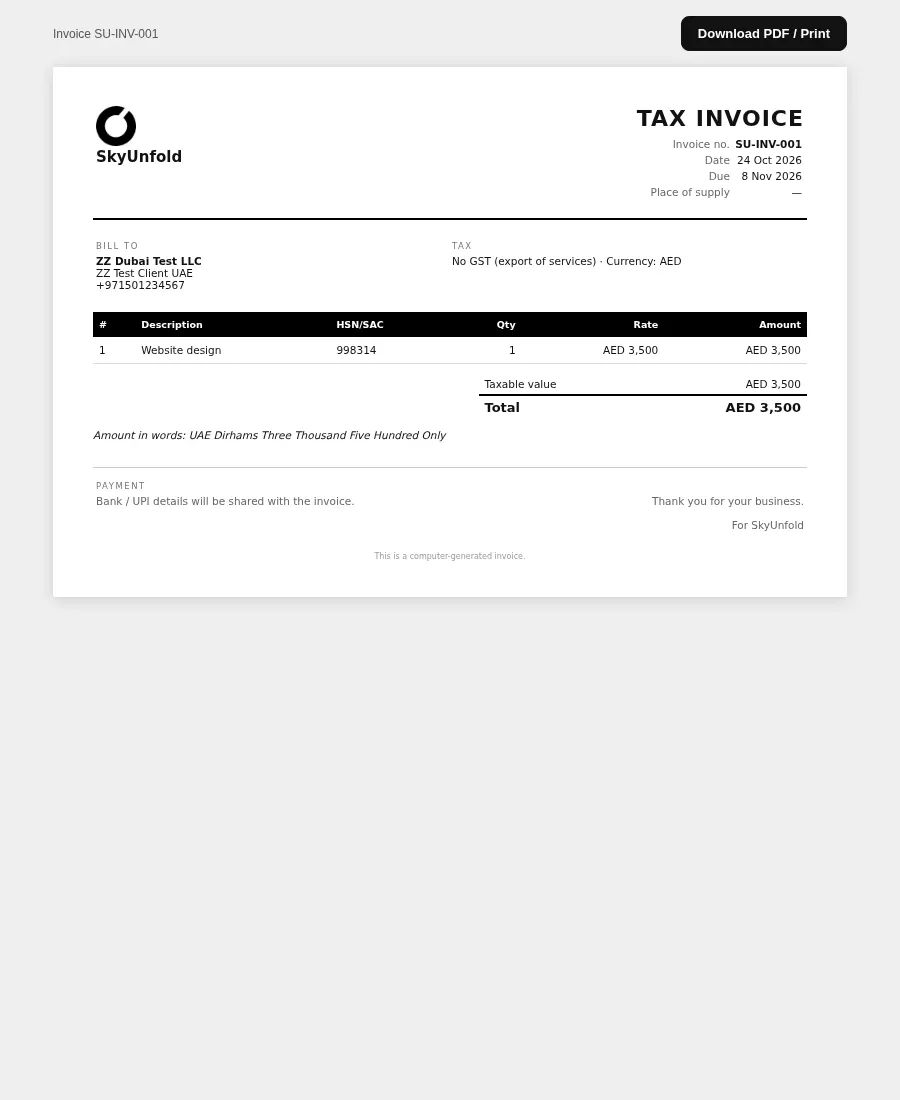 Studio OS invoice in AED