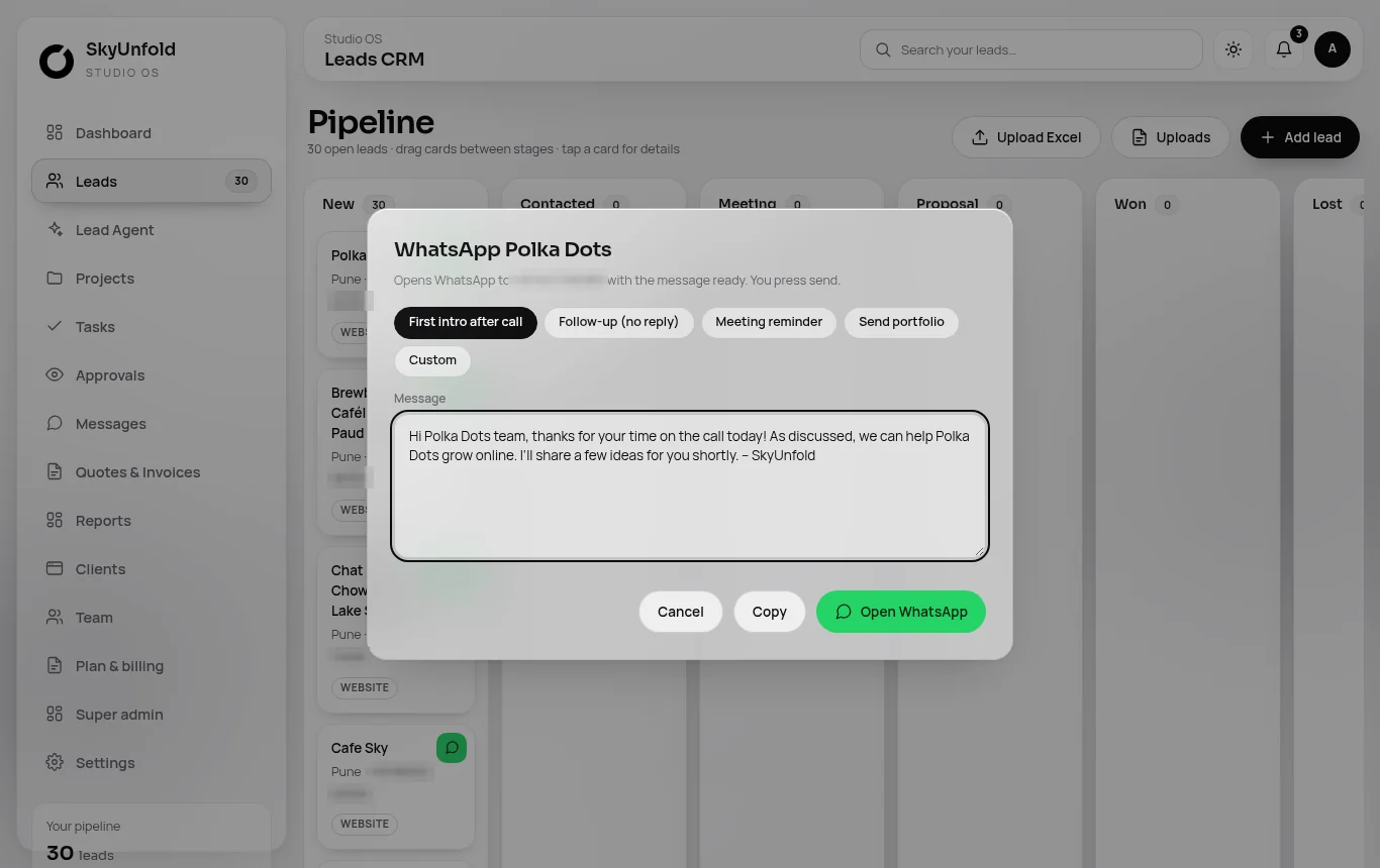 Studio OS WhatsApp template picker
